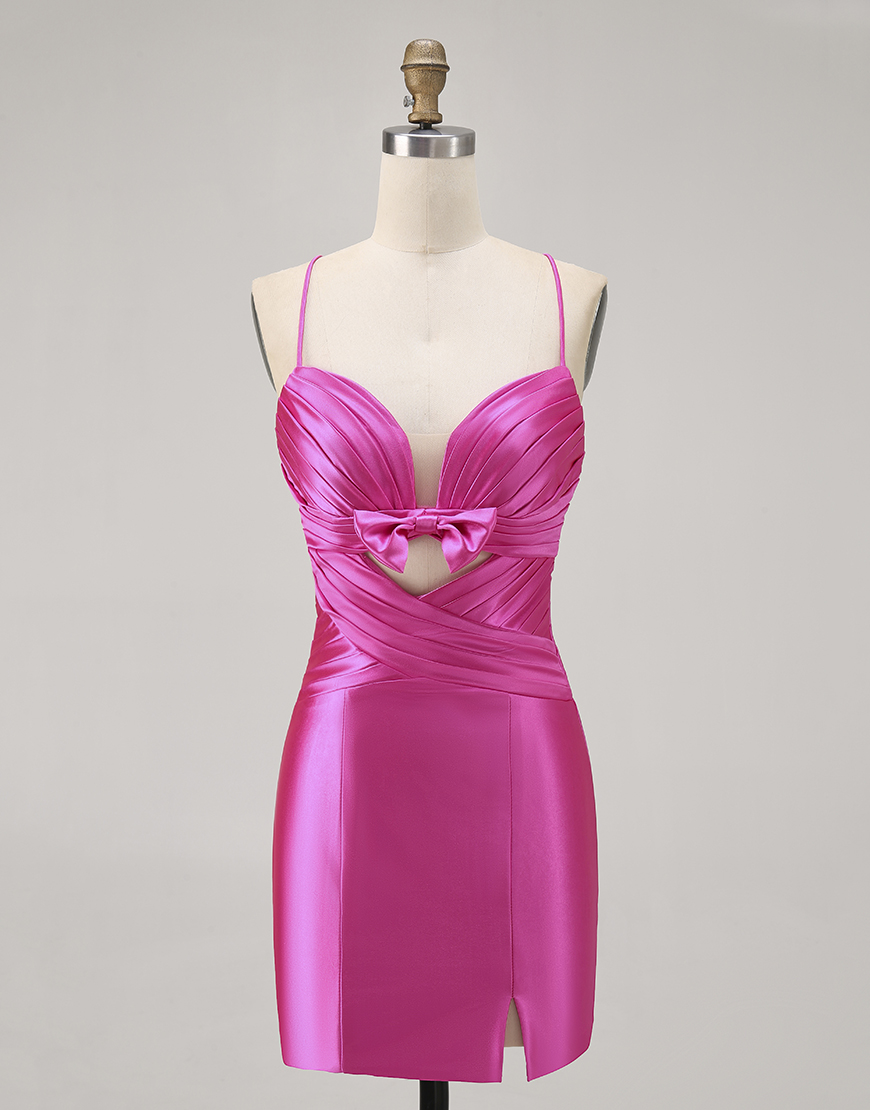 Fuchsia Tight Short Satin Keyhole Homecoming Dress with Bow