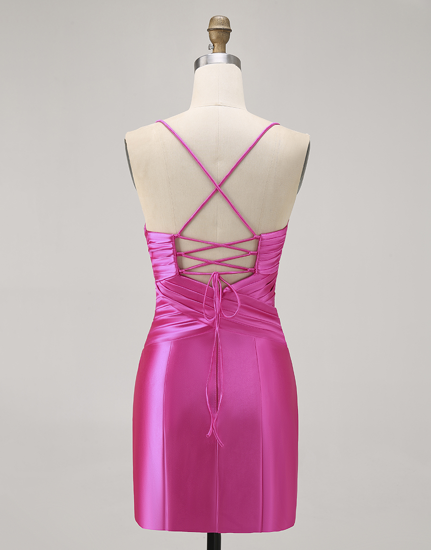 Fuchsia Tight Short Satin Keyhole Homecoming Dress with Bow