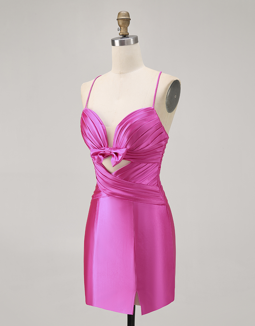 Fuchsia Tight Short Satin Keyhole Homecoming Dress with Bow