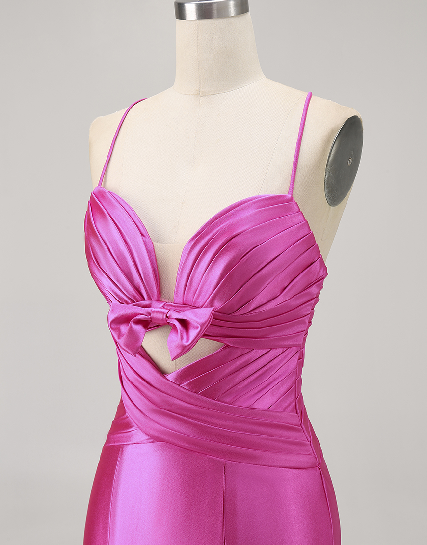 Fuchsia Tight Short Satin Keyhole Homecoming Dress with Bow