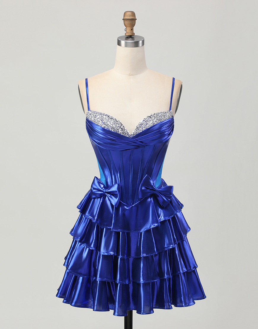Sparkly Royal Blue Metallic Ruffled Short Corset Homecoming Dress with Bows