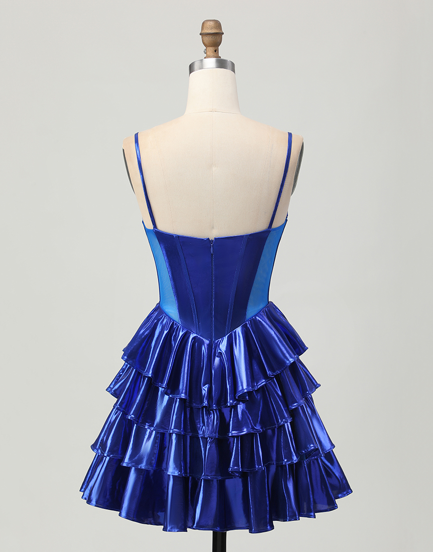 Sparkly Royal Blue Metallic Ruffled Short Corset Homecoming Dress with Bows