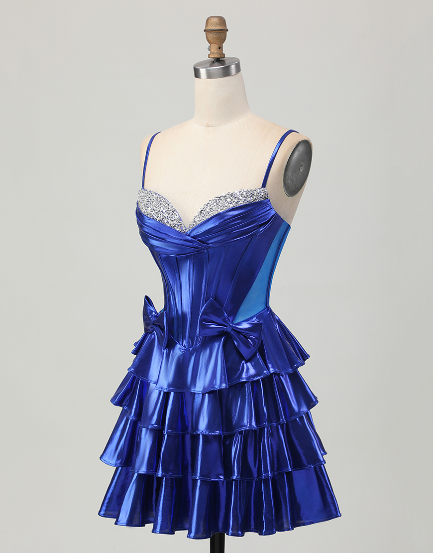 Sparkly Royal Blue Metallic Ruffled Short Corset Homecoming Dress with Bows