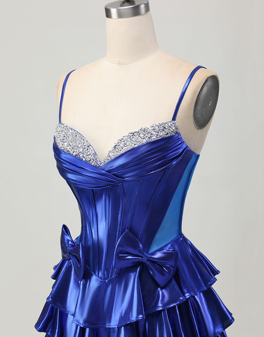 Sparkly Royal Blue Metallic Ruffled Short Corset Homecoming Dress with Bows