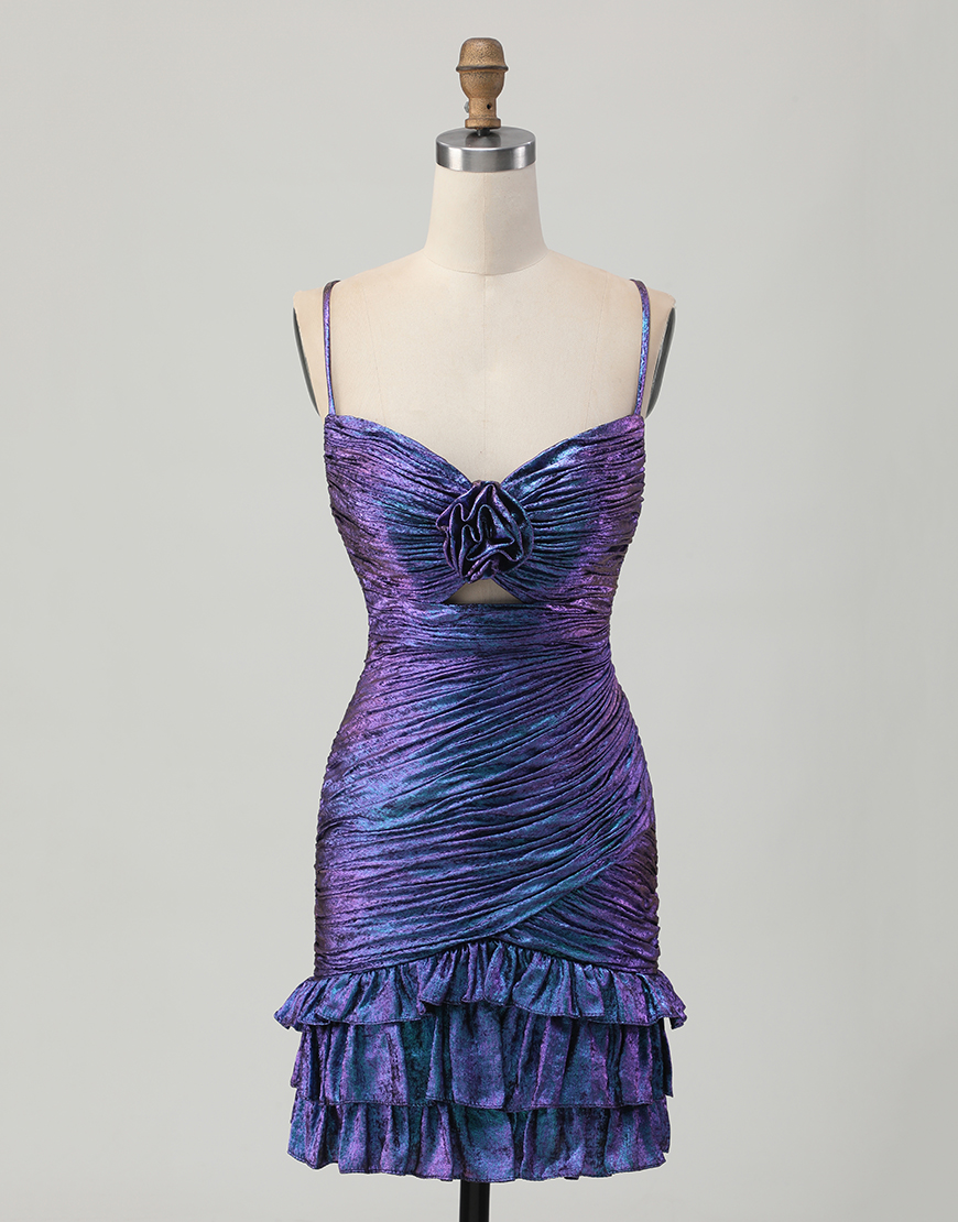Sparkly Blue and Purple Floral Tight Metallic Short Homecoming Dress with Ruffles