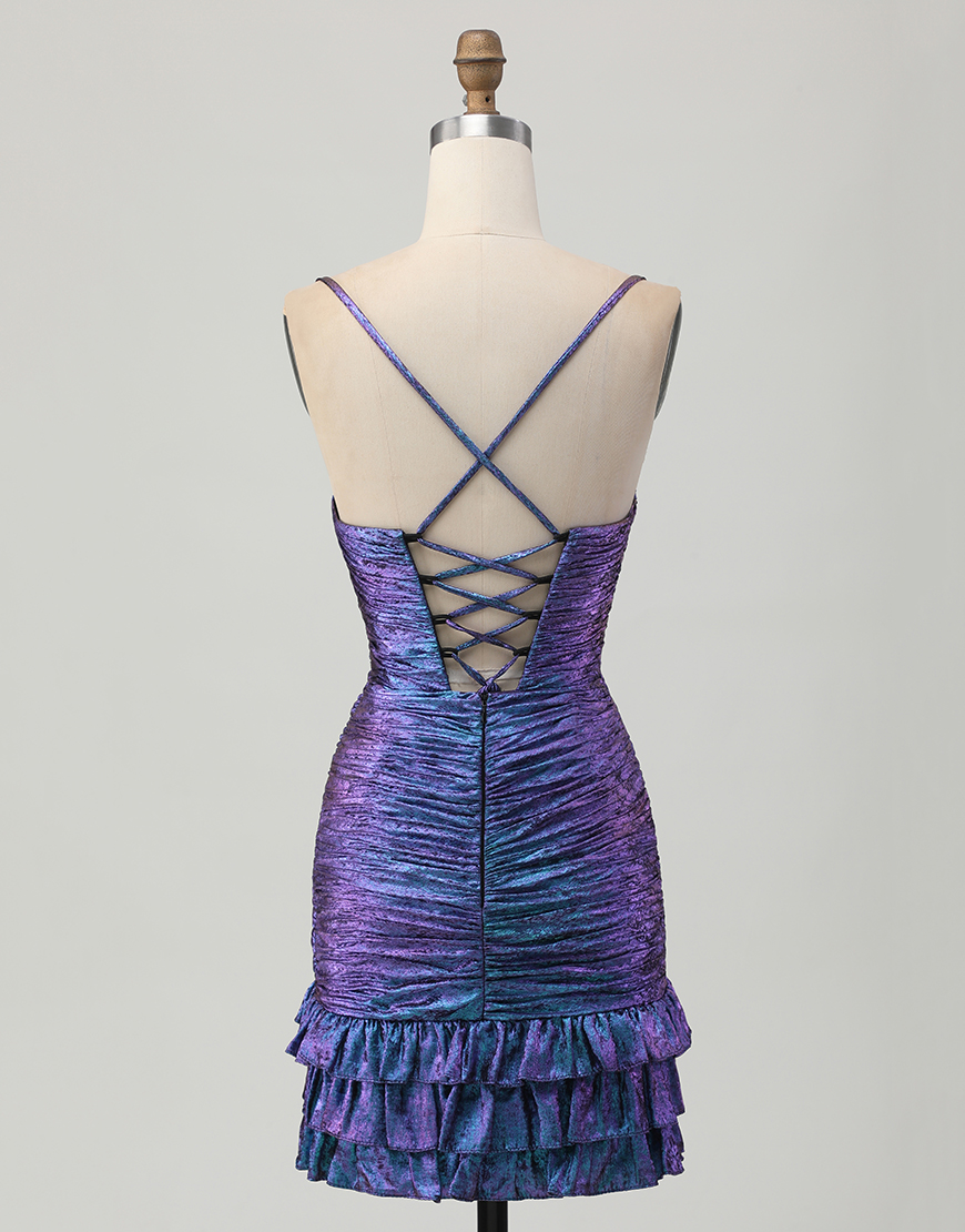 Sparkly Blue and Purple Floral Tight Metallic Short Homecoming Dress with Ruffles