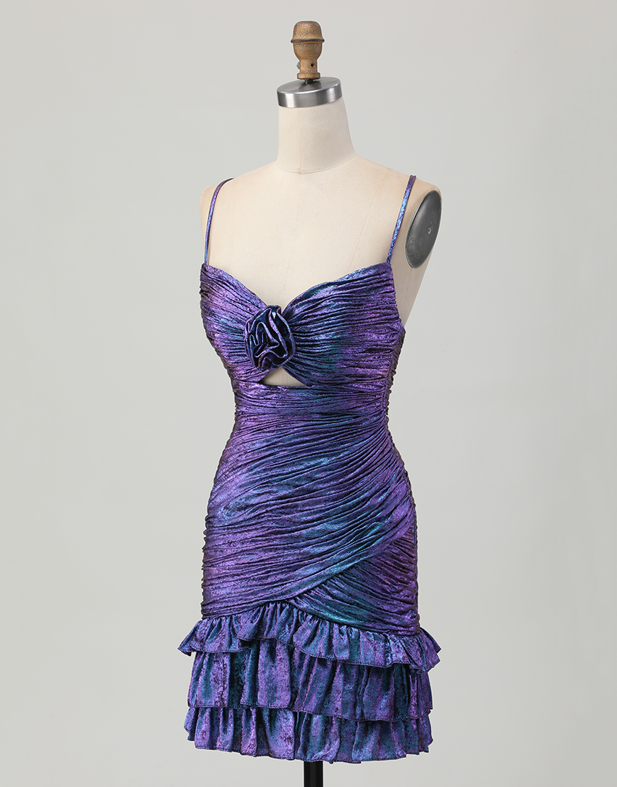Sparkly Blue and Purple Floral Tight Metallic Short Homecoming Dress with Ruffles