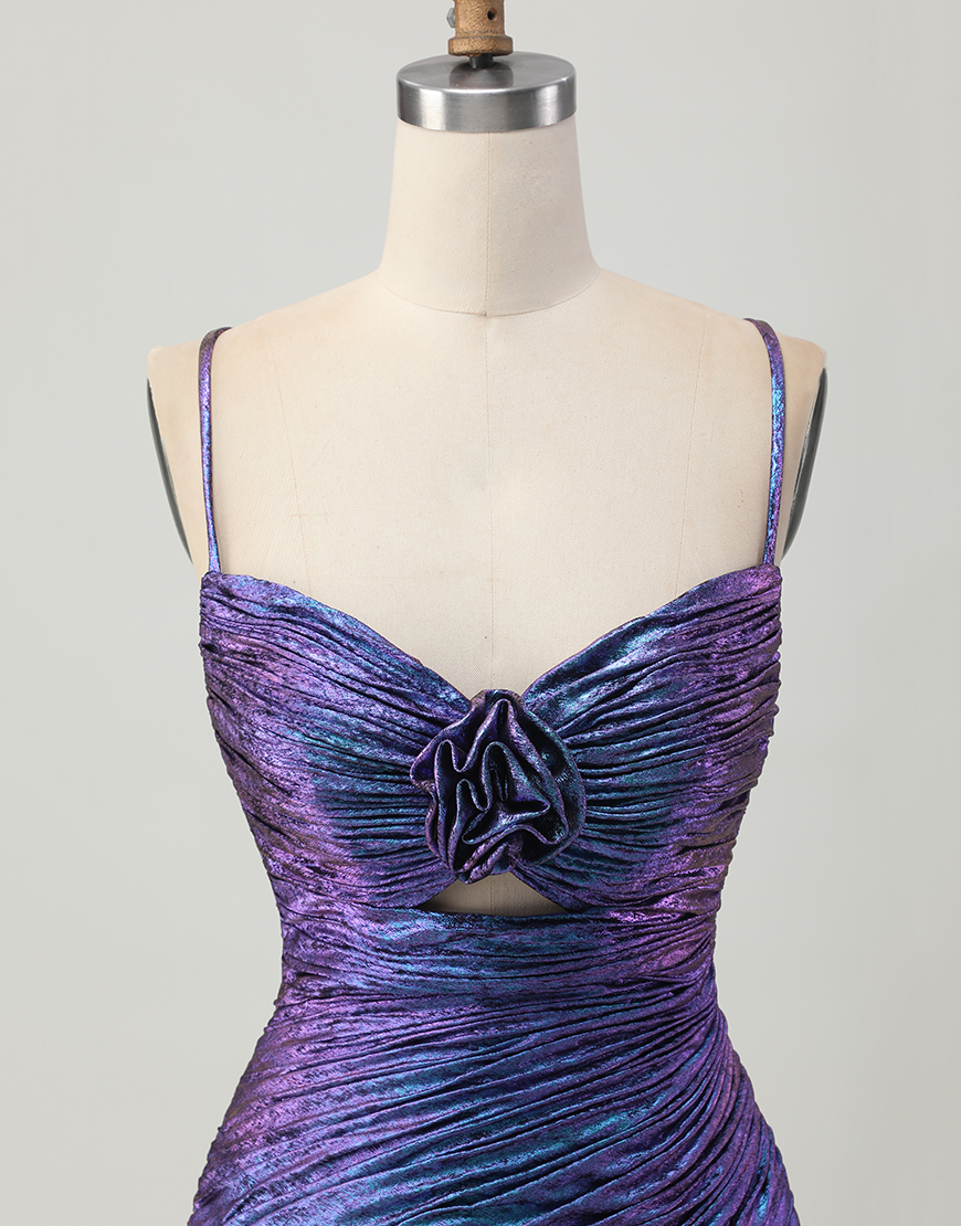 Sparkly Blue and Purple Floral Tight Metallic Short Homecoming Dress with Ruffles