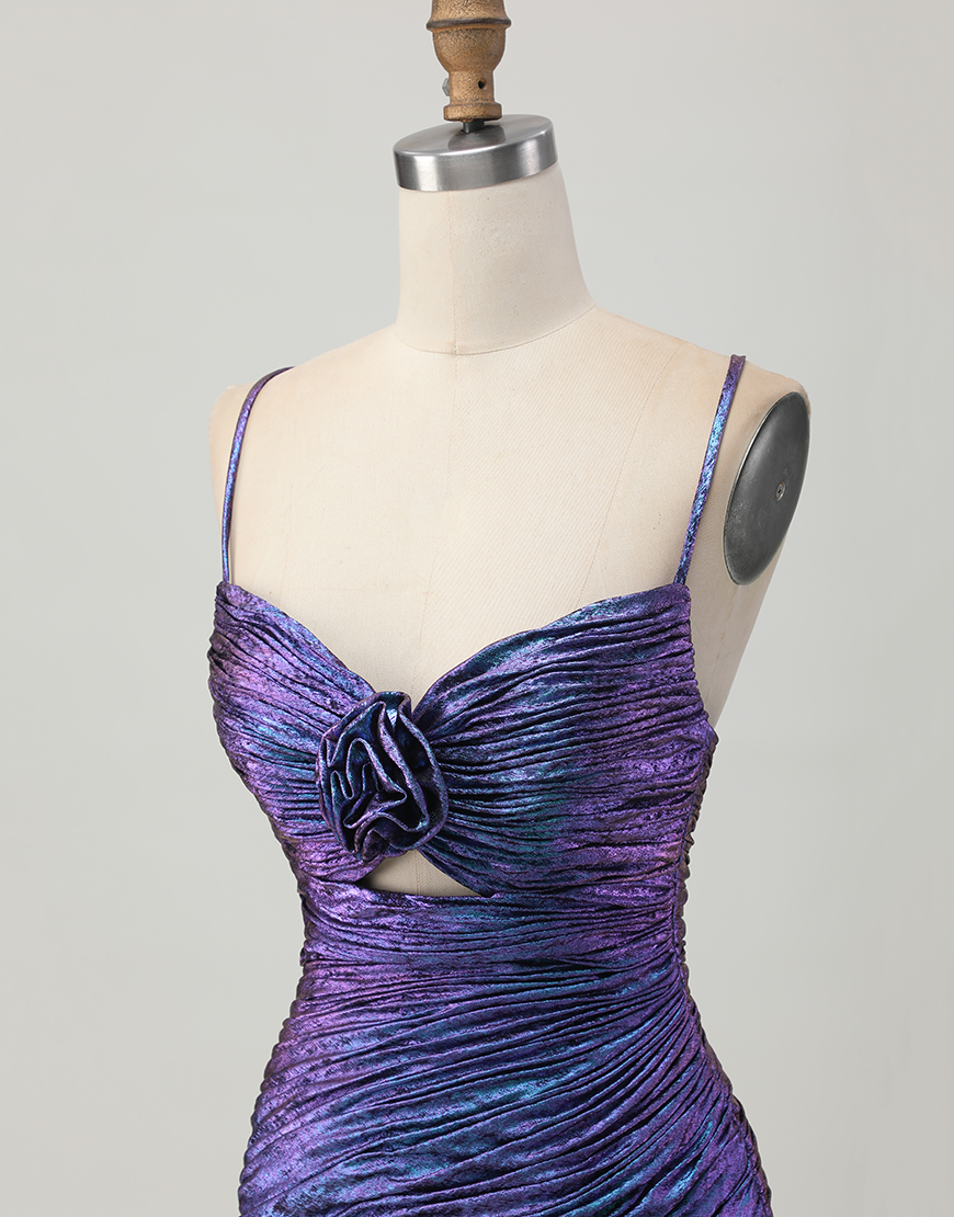 Sparkly Blue and Purple Floral Tight Metallic Short Homecoming Dress with Ruffles