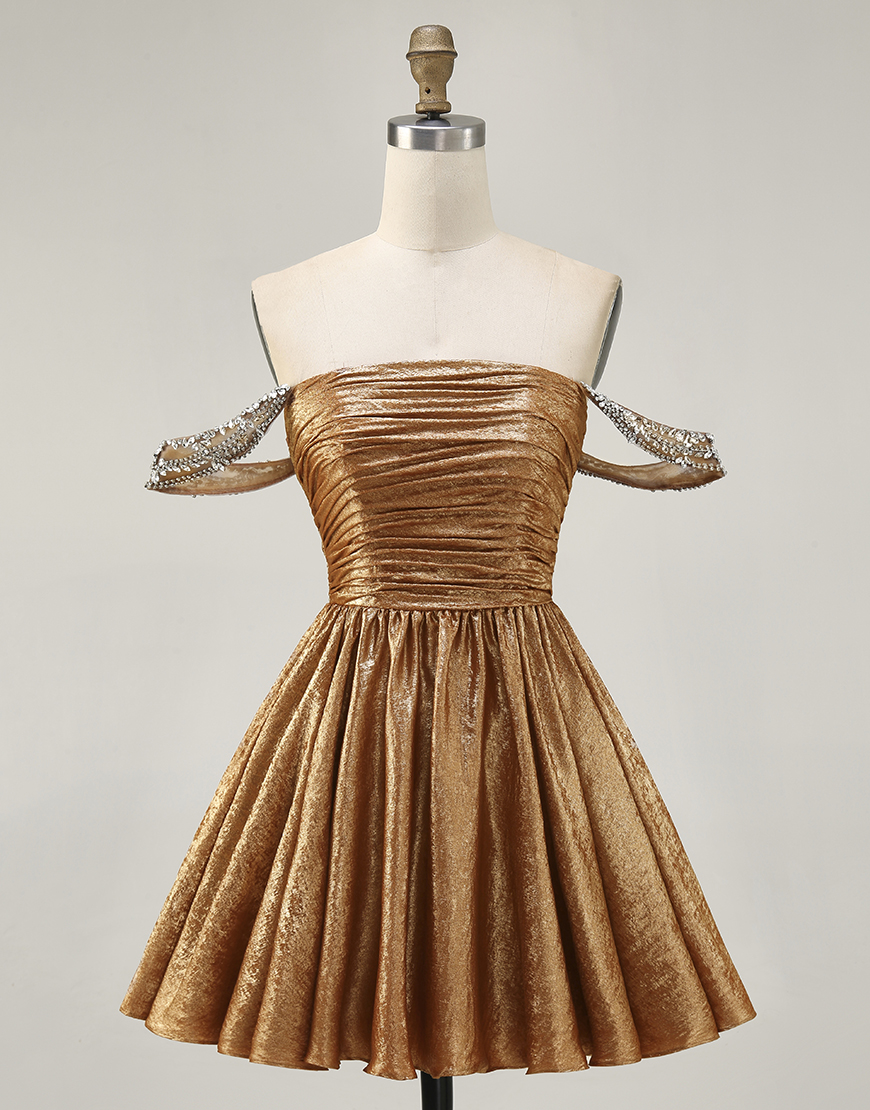 Sparkly Golden Metallic Off the Shoulder A Line Ruched Short Homecoming Dress
