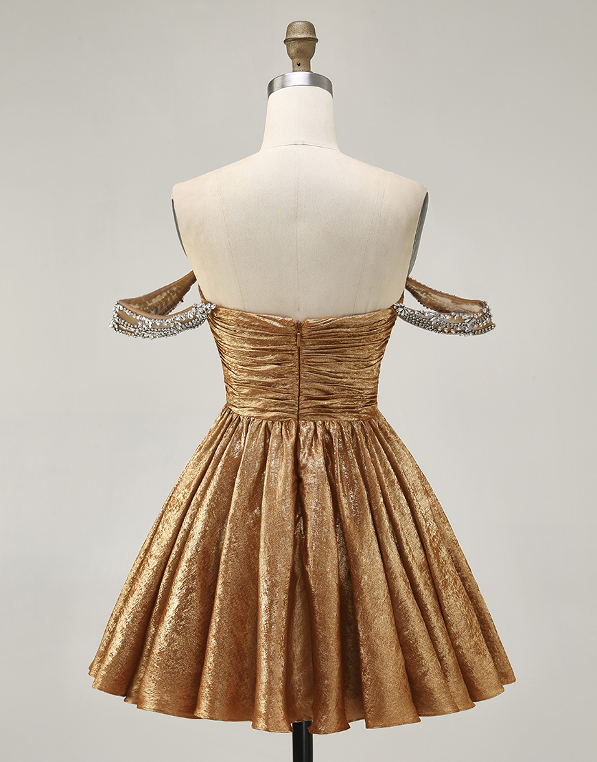 Sparkly Golden Metallic Off the Shoulder A Line Ruched Short Homecoming Dress