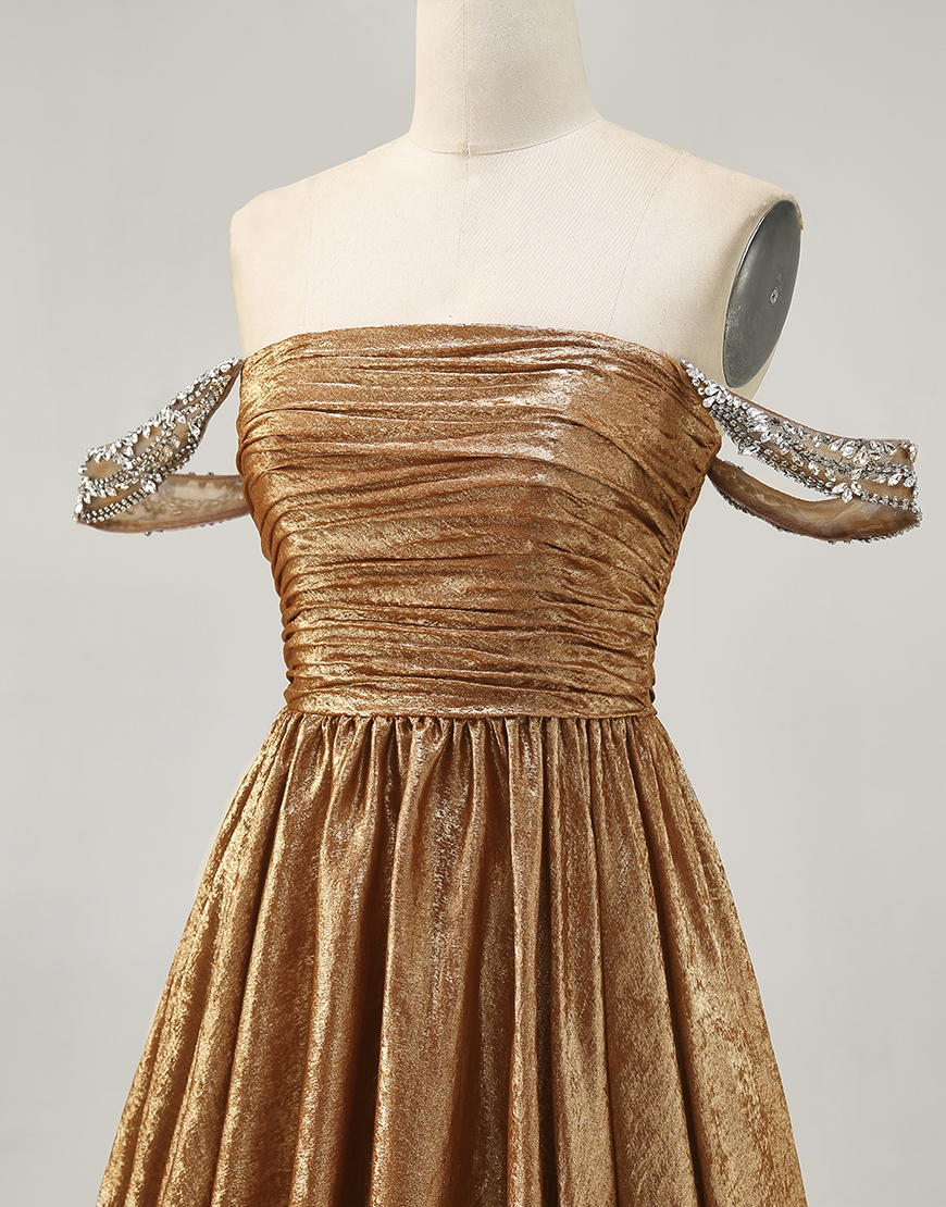 Green Off the Shoulder Metallic A Line Short Homecoming Dress