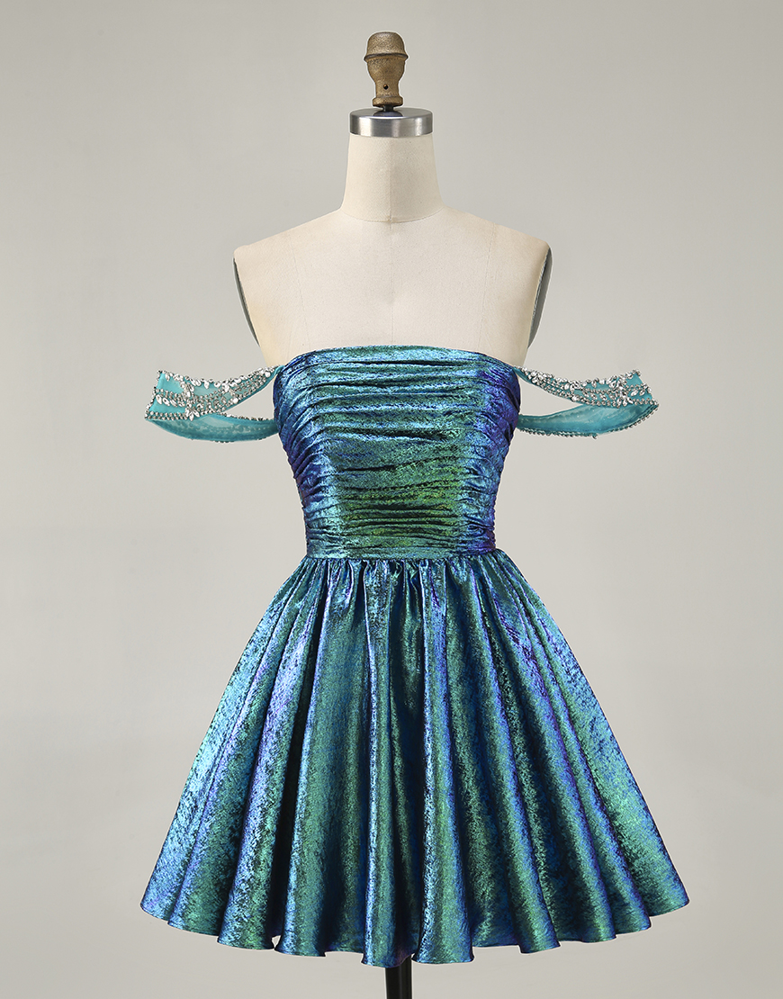 Green Off the Shoulder Metallic A Line Short Homecoming Dress