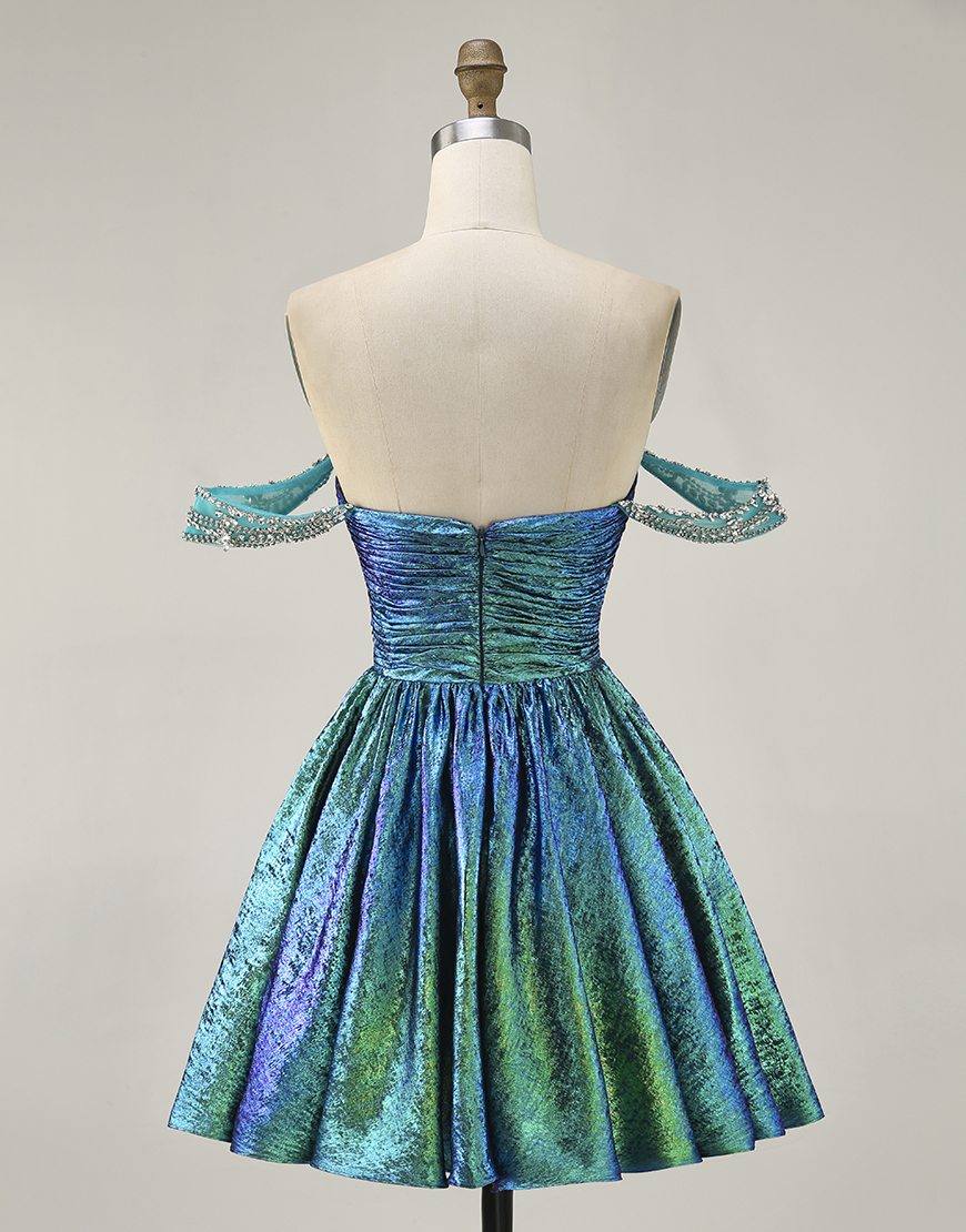 Green Off the Shoulder Metallic A Line Short Homecoming Dress