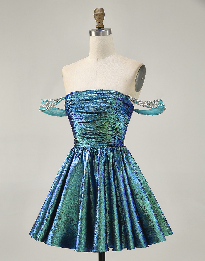Green Off the Shoulder Metallic A Line Short Homecoming Dress