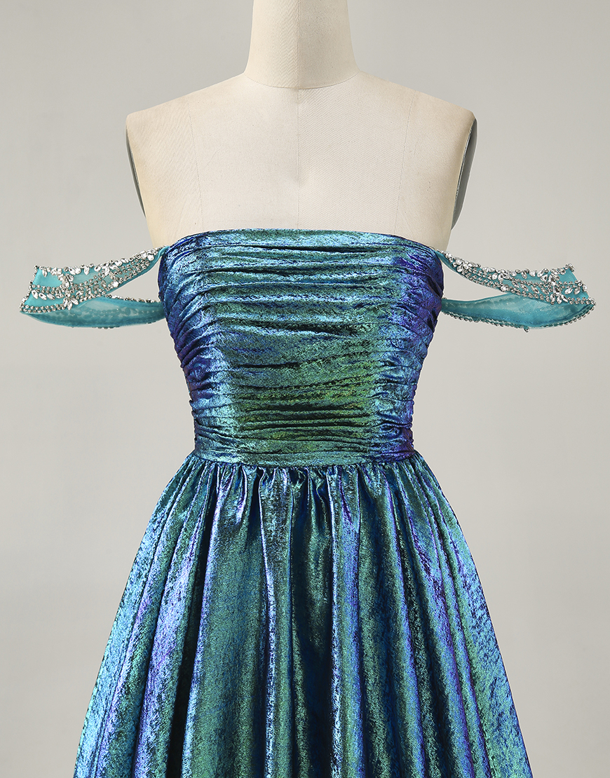 Green Off the Shoulder Metallic A Line Short Homecoming Dress