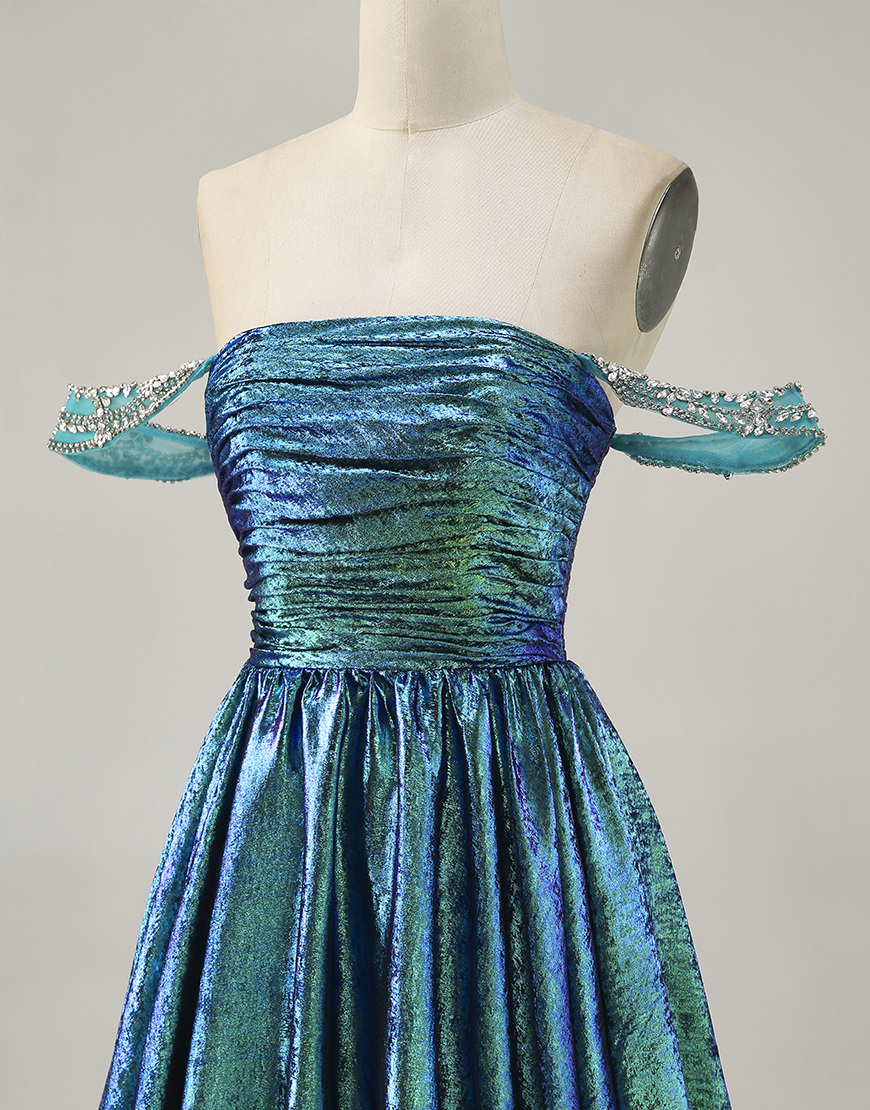 Green Off the Shoulder Metallic A Line Short Homecoming Dress