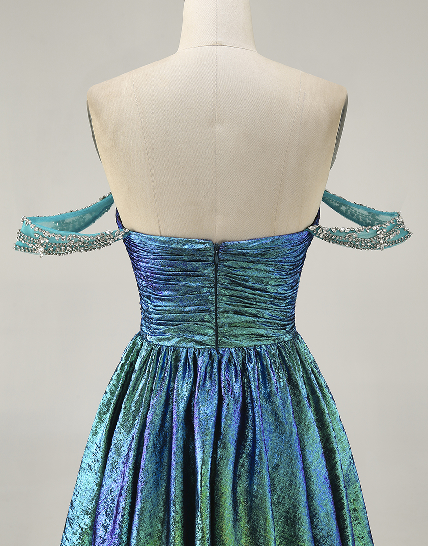 Green Off the Shoulder Metallic A Line Short Homecoming Dress