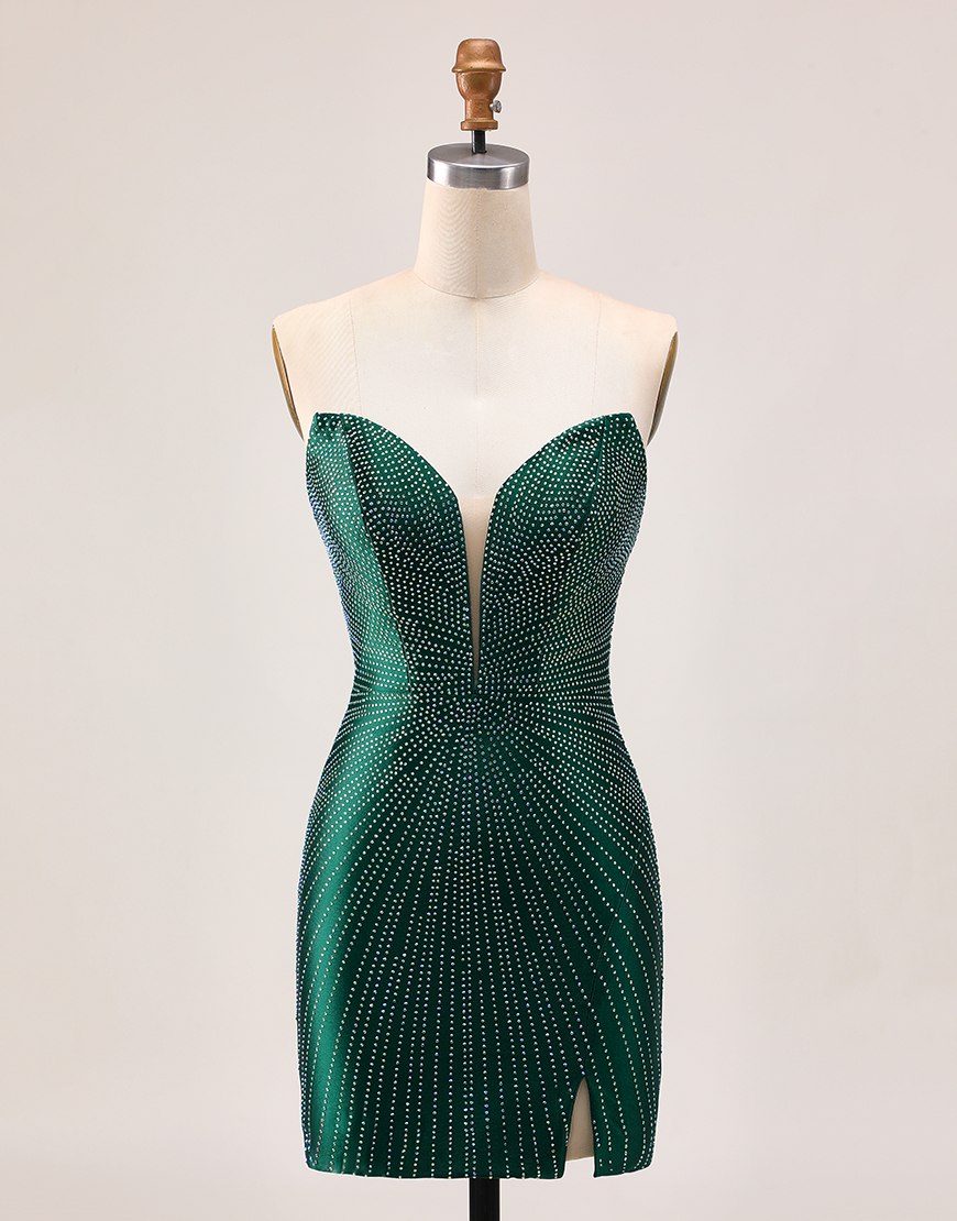 Glitter Dark Green Sweetheart Satin Short Homecoming Dress with Beading