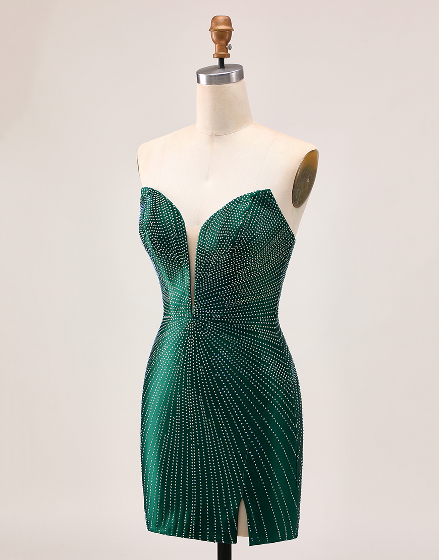 Glitter Dark Green Sweetheart Satin Short Homecoming Dress with Beading