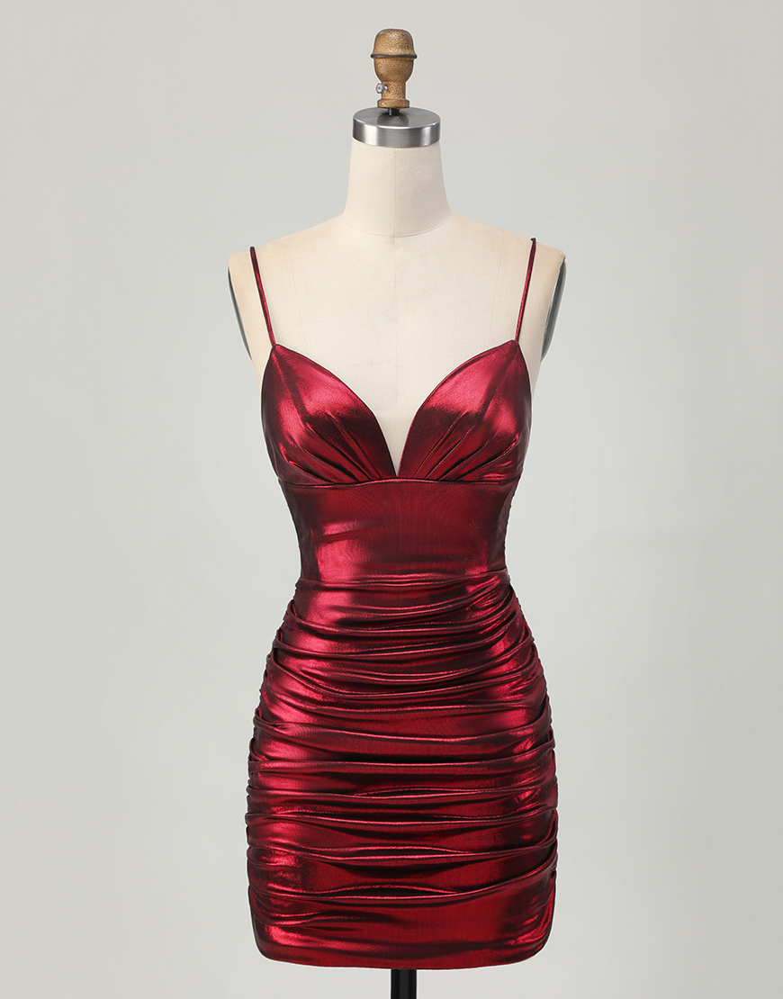 Burgundy Metallic Tight Ruched Spaghetti Straps Short Homecoming Dress