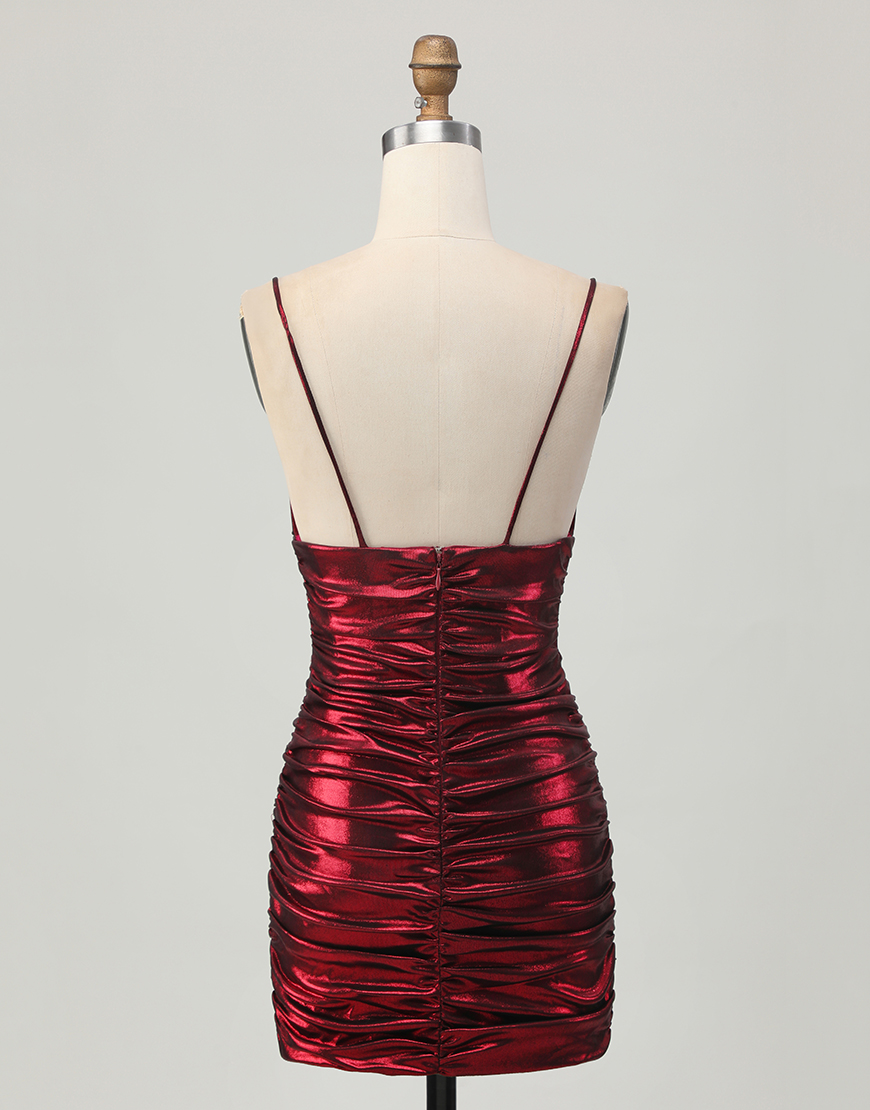 Burgundy Metallic Tight Ruched Spaghetti Straps Short Homecoming Dress