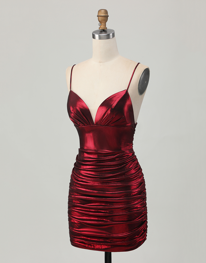 Burgundy Metallic Tight Ruched Spaghetti Straps Short Homecoming Dress