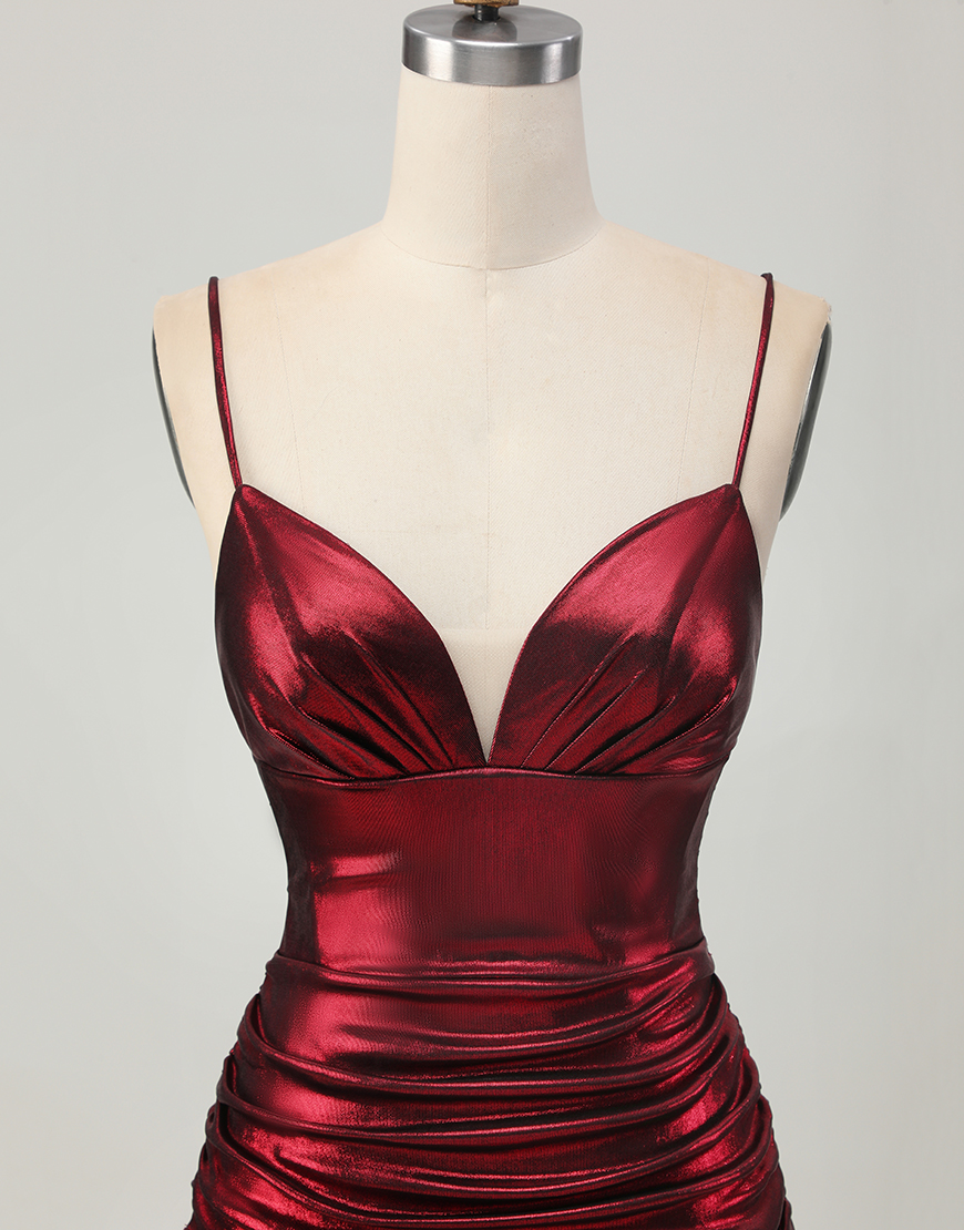 Burgundy Metallic Tight Ruched Spaghetti Straps Short Homecoming Dress