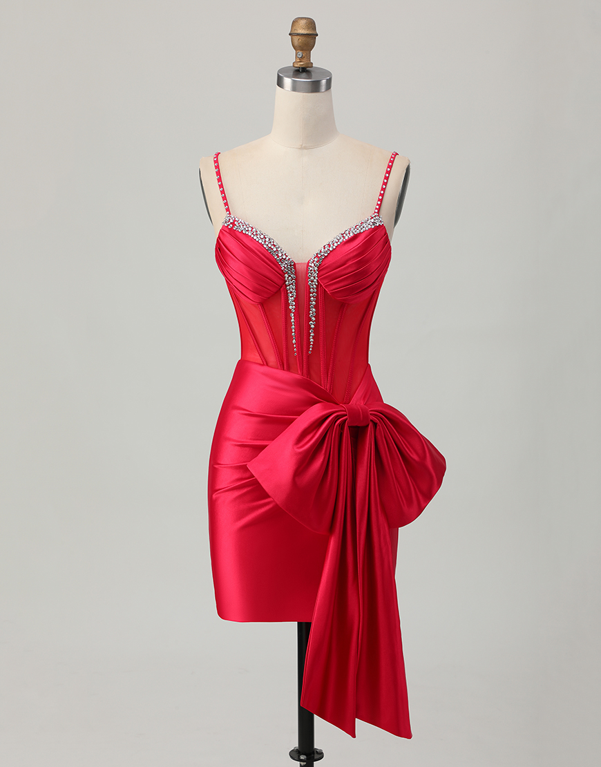 Sparkly Red Beaded Tight Short Corset Homecoming Dress with Bow