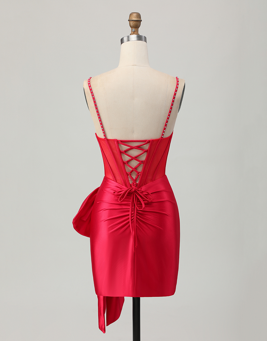 Sparkly Red Beaded Tight Short Corset Homecoming Dress with Bow