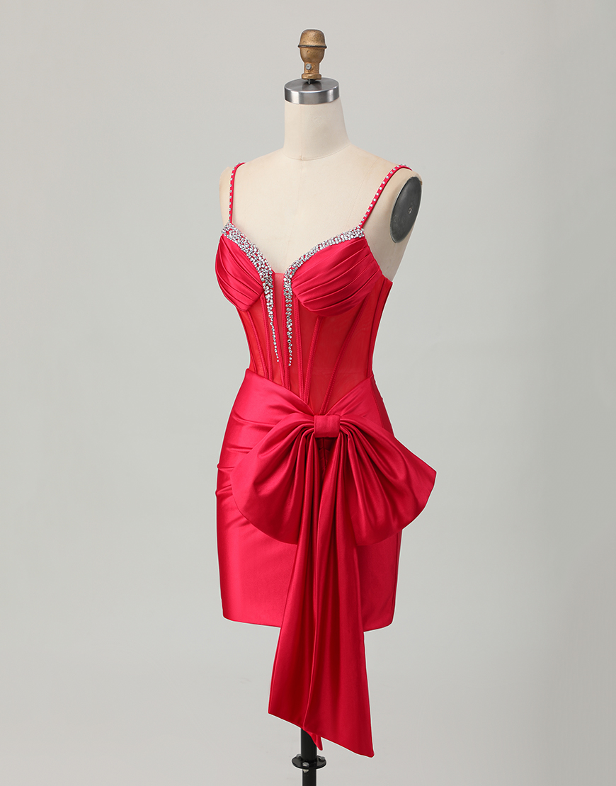 Sparkly Red Beaded Tight Short Corset Homecoming Dress with Bow