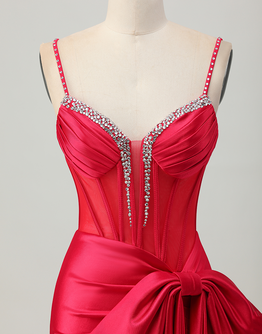 Sparkly Red Beaded Tight Short Corset Homecoming Dress with Bow