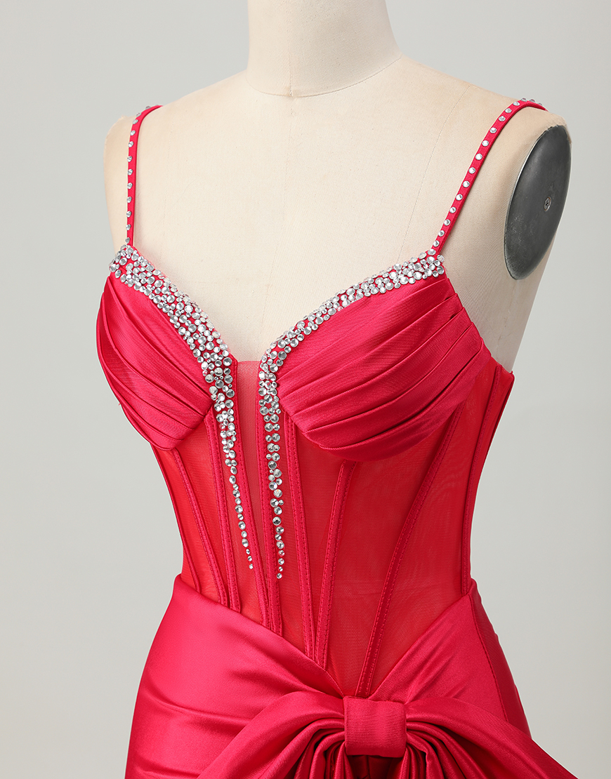 Sparkly Red Beaded Tight Short Corset Homecoming Dress with Bow