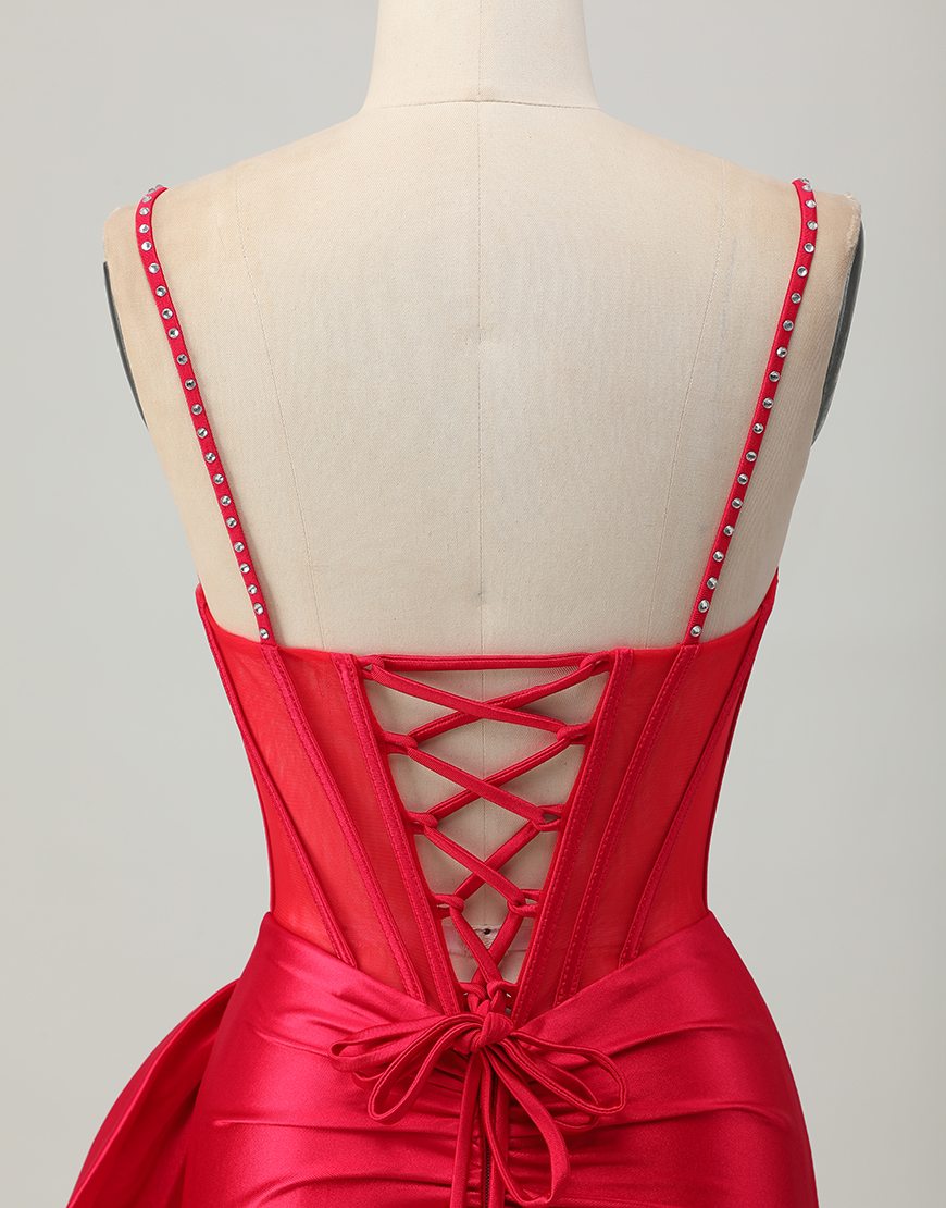 Sparkly Red Beaded Tight Short Corset Homecoming Dress with Bow