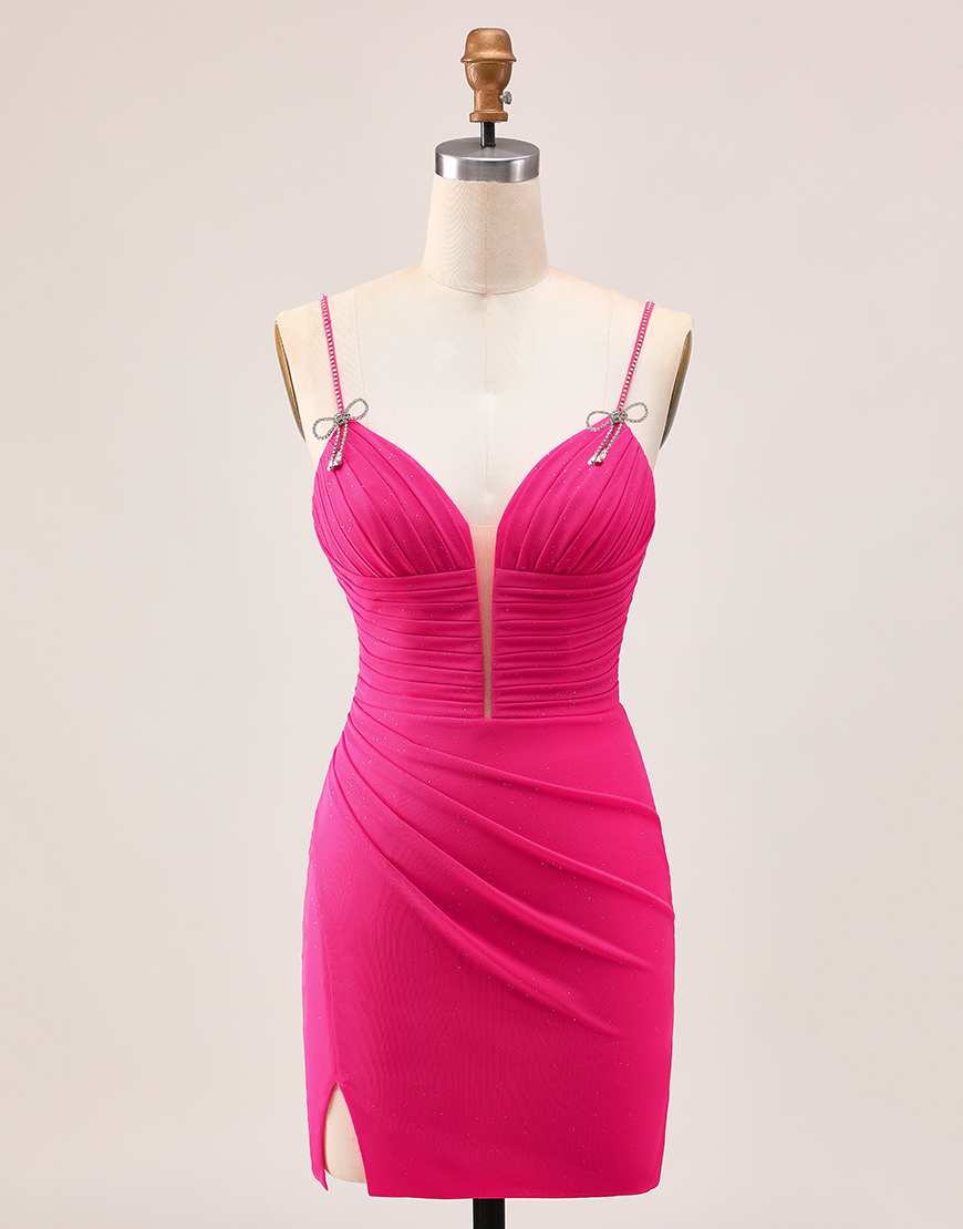 Fuchsia Spaghetti Straps Ruched Tight Short Homecoming Dress