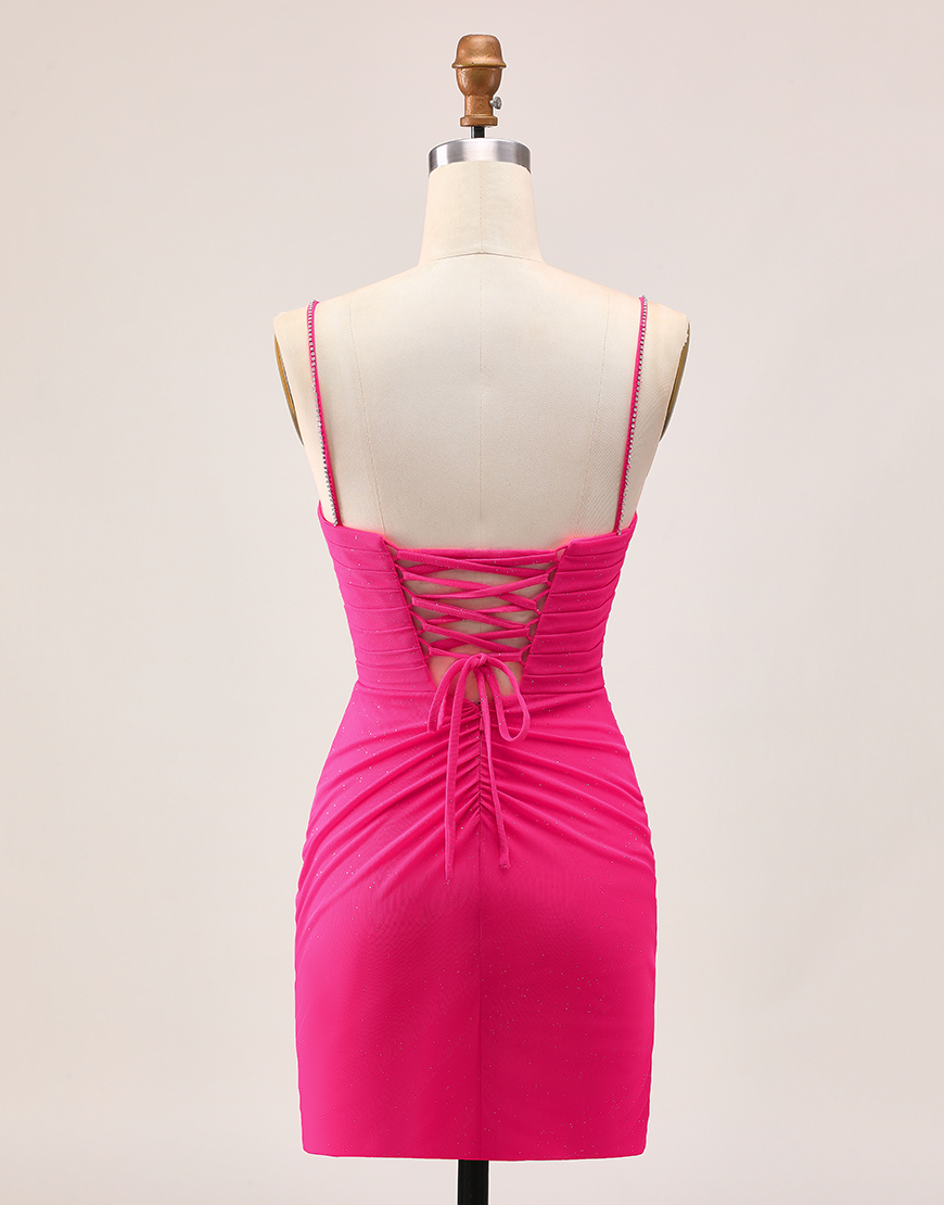 Fuchsia Spaghetti Straps Ruched Tight Short Homecoming Dress