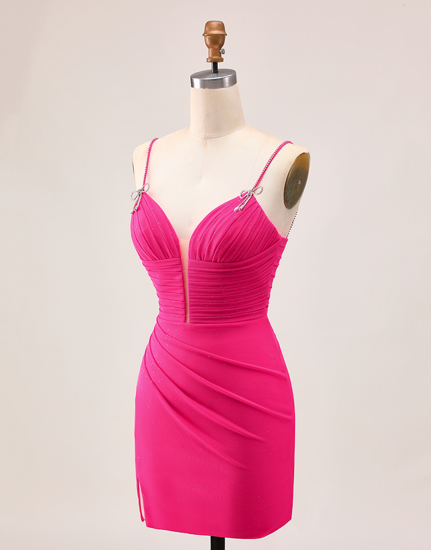 Fuchsia Spaghetti Straps Ruched Tight Short Homecoming Dress