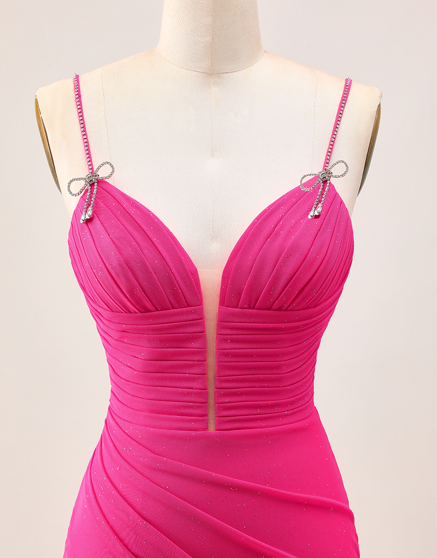 Fuchsia Spaghetti Straps Ruched Tight Short Homecoming Dress