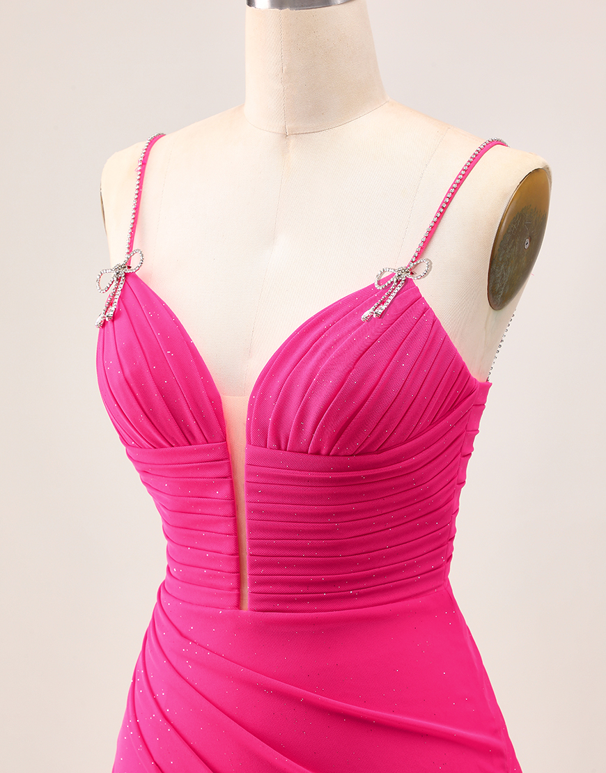 Fuchsia Spaghetti Straps Ruched Tight Short Homecoming Dress