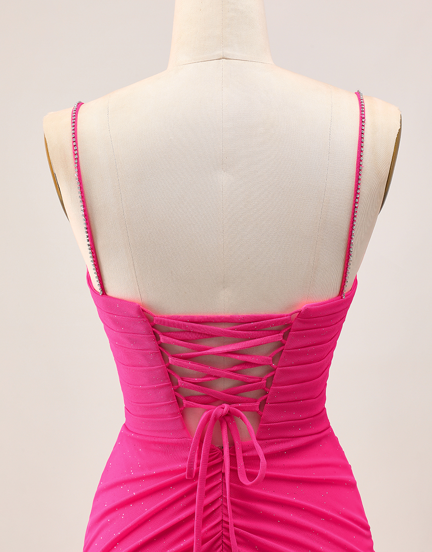 Fuchsia Spaghetti Straps Ruched Tight Short Homecoming Dress