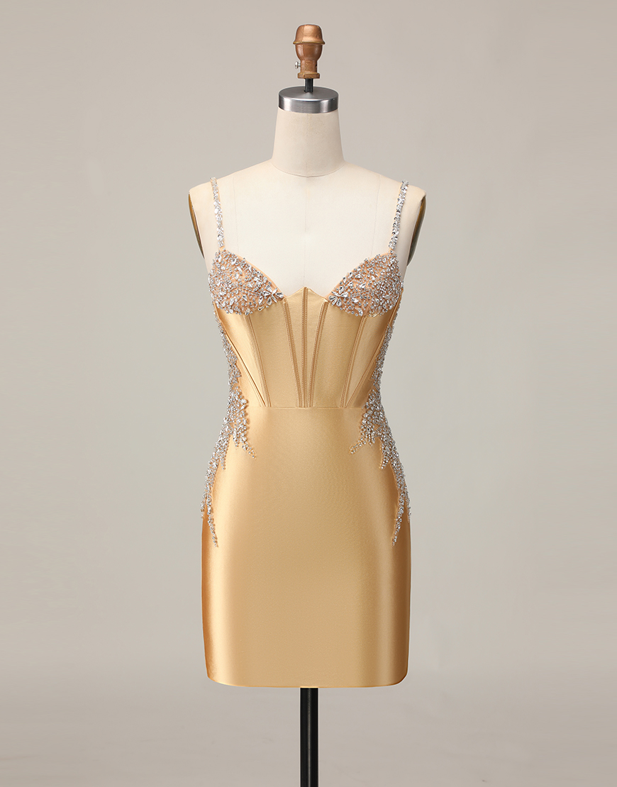 Sparkly Golden Satin Beaded Tight Short Corset Homecoming Dress