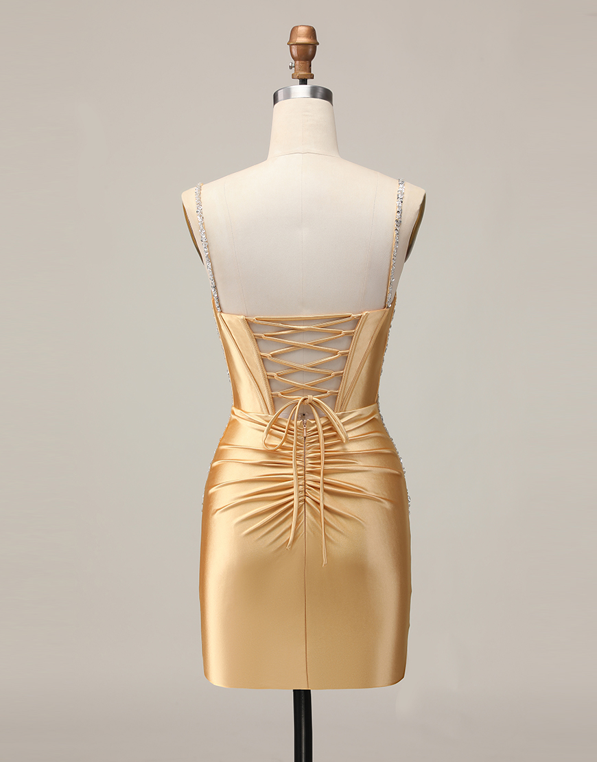 Sparkly Golden Satin Beaded Tight Short Corset Homecoming Dress