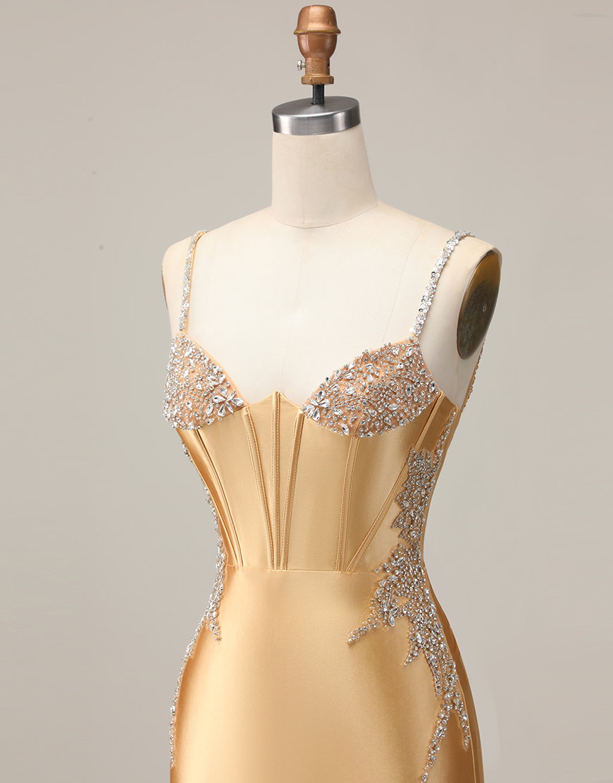 Sparkly Golden Satin Beaded Tight Short Corset Homecoming Dress