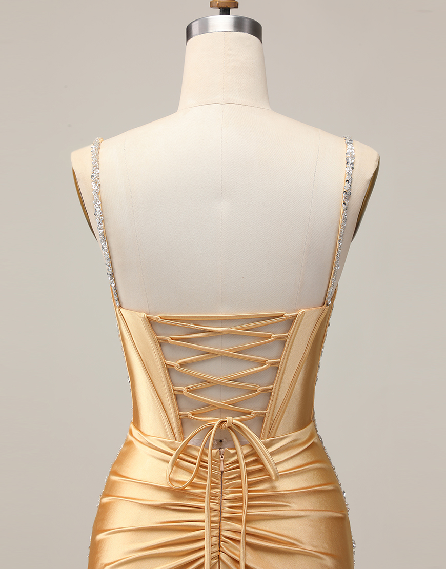 Sparkly Golden Satin Beaded Tight Short Corset Homecoming Dress