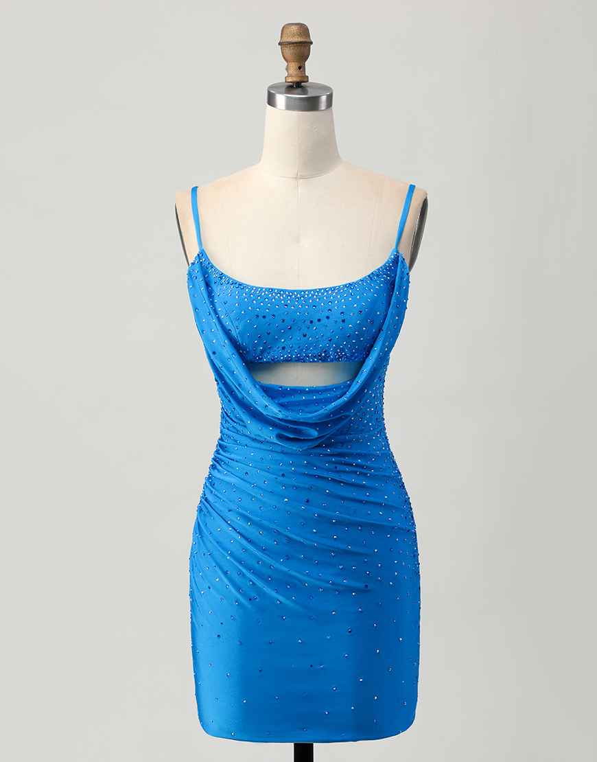 Sparkly Blue Tight Cut Out Short Beaded Homecoming Dress with Drapes