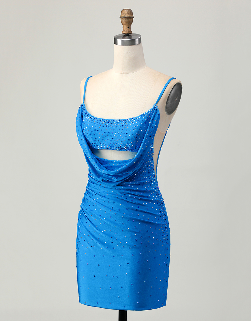 Sparkly Blue Tight Cut Out Short Beaded Homecoming Dress with Drapes