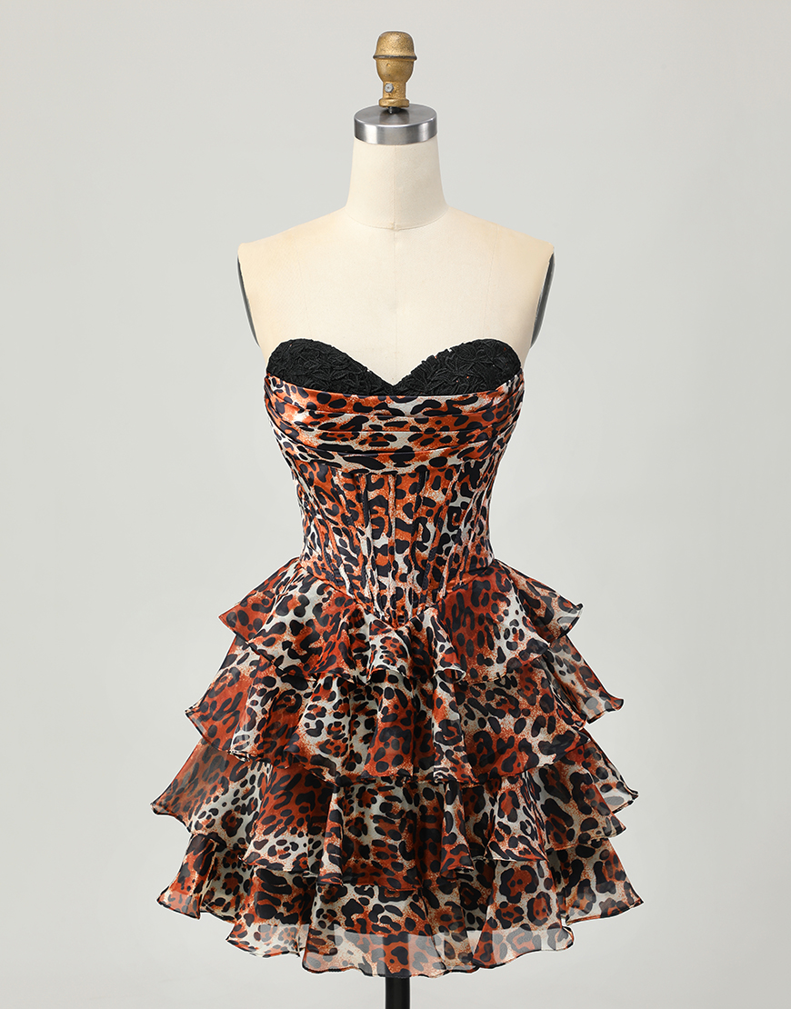 Khaki Leopard Print A Line Short Corset Homecoming Dress with Ruffles
