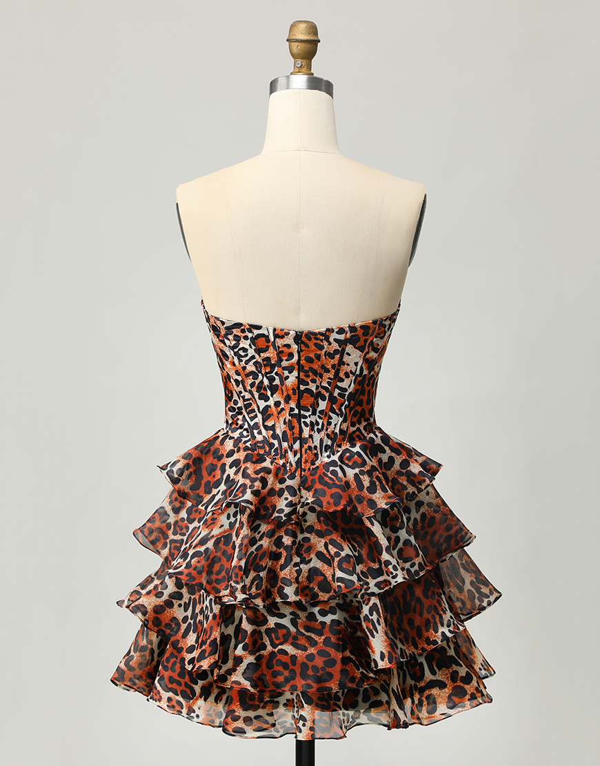 Khaki Leopard Print A Line Short Corset Homecoming Dress with Ruffles