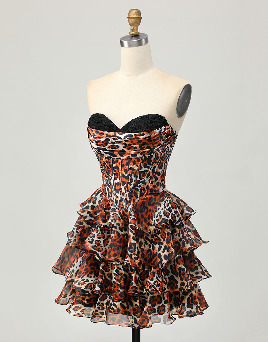 Khaki Leopard Print A Line Short Corset Homecoming Dress with Ruffles