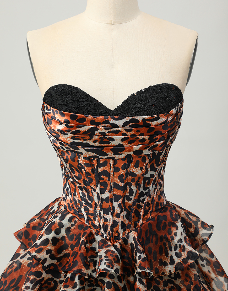 Khaki Leopard Print A Line Short Corset Homecoming Dress with Ruffles